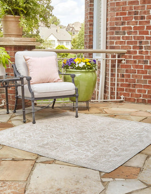 Light Gray 10' x 10' Outdoor Aztec Square Area Rug Weather Resistant for Patio, Deck, Terrace, Balcony, Porch 100% Polypropylene Traditional Carpet Mat for Sale at Rug Engine