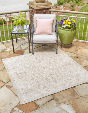 Light Gray 10' x 10' Outdoor Aztec Square Area Rug Weather Resistant for Patio, Deck, Terrace, Balcony, Porch 100% Polypropylene Traditional Carpet Mat for Sale at Rug Engine