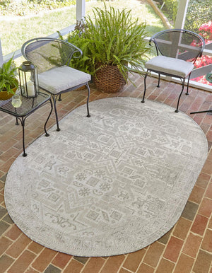 Light Gray 5' 3 x 8' Outdoor Aztec Oval Area Rug Weather Resistant for Patio, Deck, Terrace, Balcony, Porch 100% Polypropylene Traditional Carpet Mat for Sale at Rug Engine