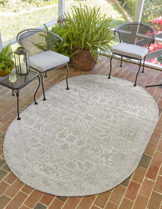 Light Gray 5' 3 x 8' Outdoor Aztec Oval Area Rug Weather Resistant for Patio, Deck, Terrace, Balcony, Porch 100% Polypropylene Traditional Carpet Mat for Sale at Rug Engine