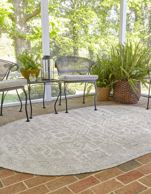 Light Gray 7' 10 x 10' Outdoor Aztec Oval Area Rug Weather Resistant for Patio, Deck, Terrace, Balcony, Porch 100% Polypropylene Traditional Carpet Mat for Sale at Rug Engine