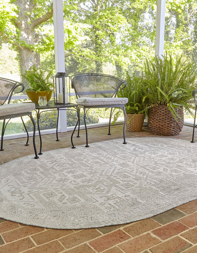 Light Gray 7' 10 x 10' Outdoor Aztec Oval Area Rug Weather Resistant for Patio, Deck, Terrace, Balcony, Porch 100% Polypropylene Traditional Carpet Mat for Sale at Rug Engine
