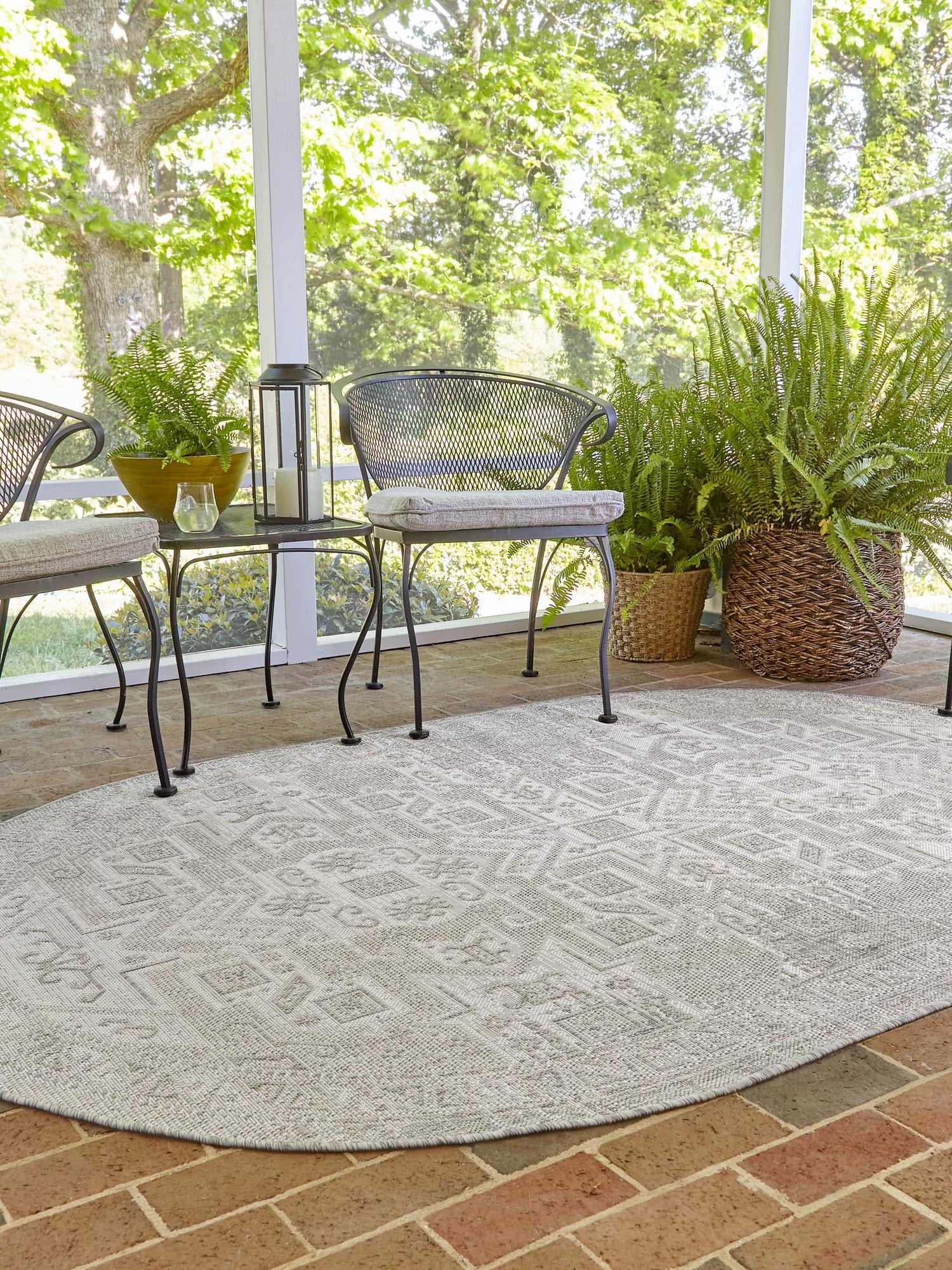 Light Gray 3' 1 x 5' 3 Outdoor Aztec Oval Area Rug Weather Resistant for Patio, Deck, Terrace, Balcony, Porch 100% Polypropylene Traditional Carpet Mat for Sale at Rug Engine