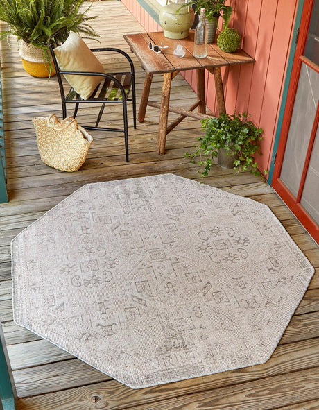 Light Gray 7' 10 x 7' 10 Outdoor Aztec Octagon Area Rug Weather Resistant for Patio, Deck, Terrace, Balcony, Porch 100% Polypropylene Traditional Carpet Mat for Sale at Rug Engine