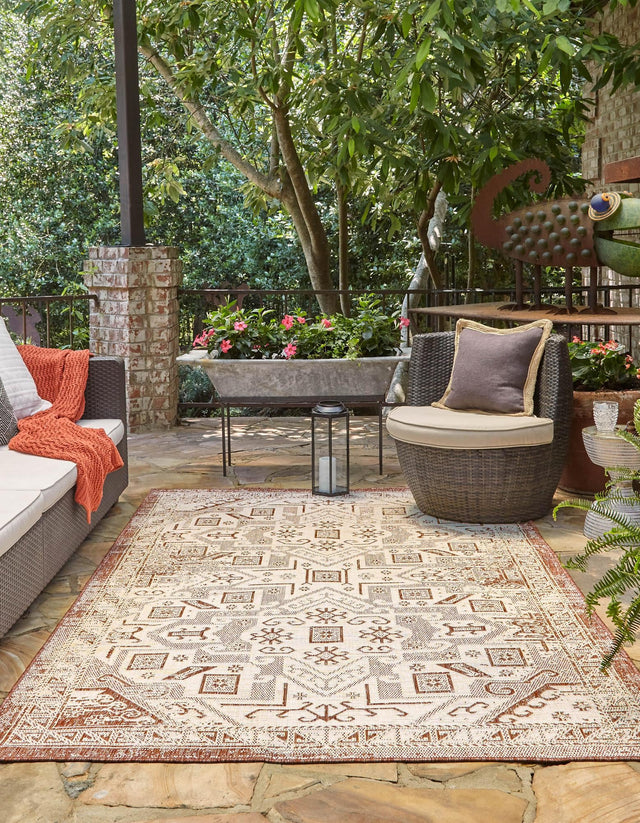 Rust Red 4' 1 x 6' 1 Outdoor Aztec Rectangle Area Rug Weather Resistant for Patio, Deck, Terrace, Balcony, Porch 100% Polypropylene Traditional Carpet Mat for Sale at Rug Engine