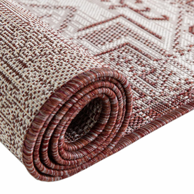 Rust Red 7' 10 x 7' 10 Outdoor Aztec Round Area Rug Weather Resistant for Patio, Deck, Terrace, Balcony, Porch 100% Polypropylene Traditional Carpet Mat for Sale at Rug Engine