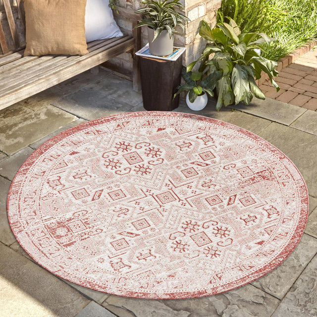Rust Red 7' 10 x 7' 10 Outdoor Aztec Round Area Rug Weather Resistant for Patio, Deck, Terrace, Balcony, Porch 100% Polypropylene Traditional Carpet Mat for Sale at Rug Engine