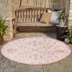 Rust Red 7' 10 x 7' 10 Outdoor Aztec Round Area Rug Weather Resistant for Patio, Deck, Terrace, Balcony, Porch 100% Polypropylene Traditional Carpet Mat for Sale at Rug Engine