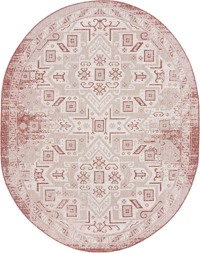 Rust Red 7' 10 x 10' Outdoor Aztec Oval Area Rug Weather Resistant for Patio, Deck, Terrace, Balcony, Porch 100% Polypropylene Traditional Carpet Mat for Sale at Rug Engine