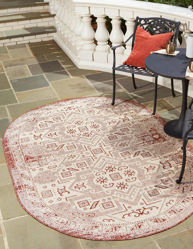 Rust Red 5' 3 x 8' Outdoor Aztec Oval Area Rug Weather Resistant for Patio, Deck, Terrace, Balcony, Porch 100% Polypropylene Traditional Carpet Mat for Sale at Rug Engine