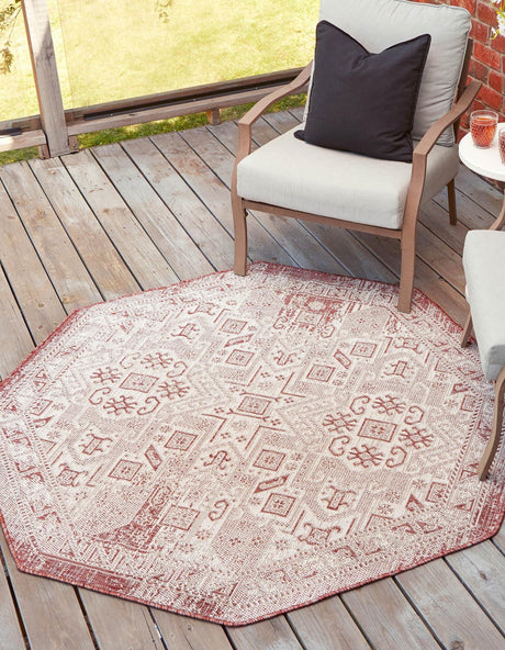 Rust Red 7' 10 x 7' 10 Outdoor Aztec Octagon Area Rug Weather Resistant for Patio, Deck, Terrace, Balcony, Porch 100% Polypropylene Traditional Carpet Mat for Sale at Rug Engine