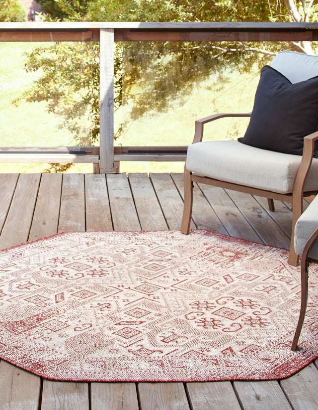 Rust Red 7' 10 x 7' 10 Outdoor Aztec Octagon Area Rug Weather Resistant for Patio, Deck, Terrace, Balcony, Porch 100% Polypropylene Traditional Carpet Mat for Sale at Rug Engine
