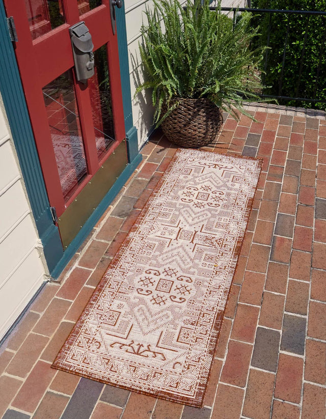 Rust Red 2' x 8' Outdoor Aztec Runner Area Rug Weather Resistant for Patio, Deck, Terrace, Balcony, Porch 100% Polypropylene Traditional Carpet Mat for Sale at Rug Engine