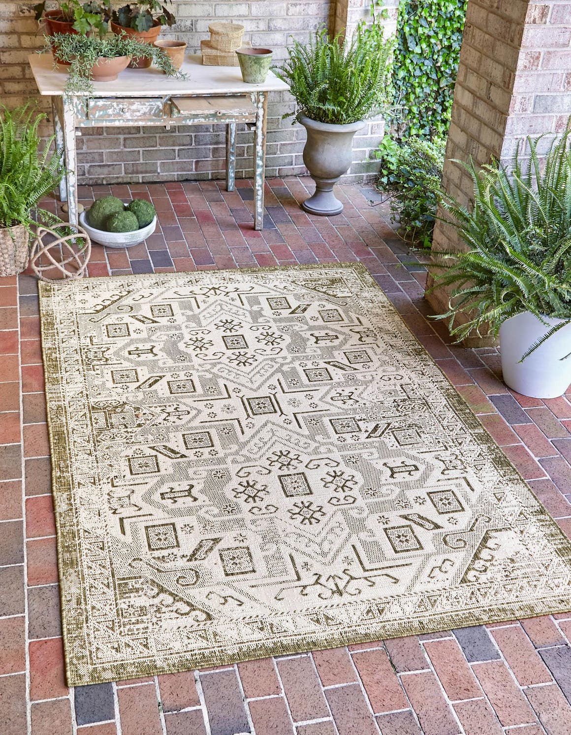Green 10' x 13' 1 Outdoor Aztec Rectangle Area Rug Weather Resistant for Patio, Deck, Terrace, Balcony, Porch 100% Polypropylene Traditional Carpet Mat for Sale at Rug Engine
