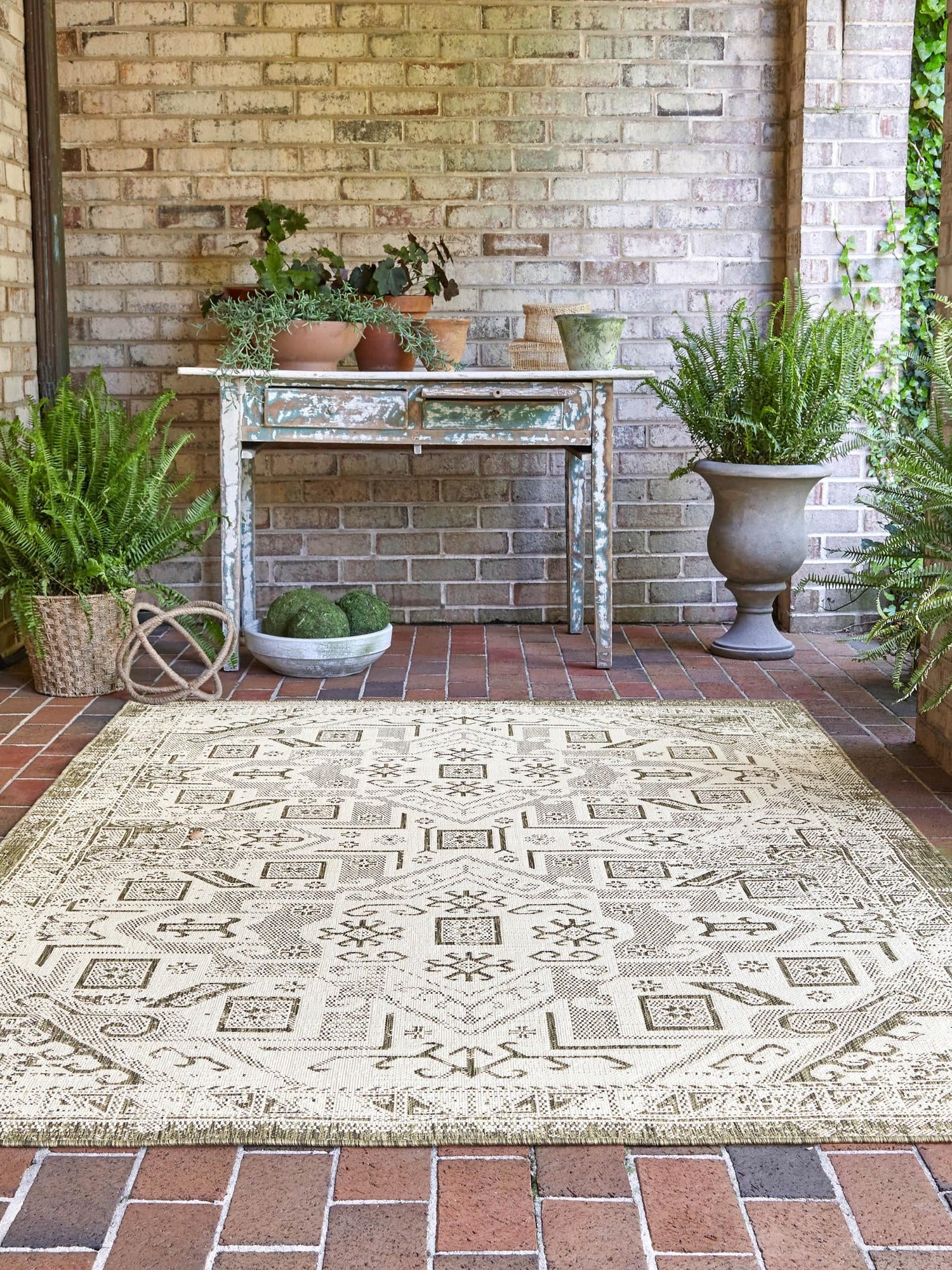 Green 9' x 12' Outdoor Aztec Rectangle Area Rug Weather Resistant for Patio, Deck, Terrace, Balcony, Porch 100% Polypropylene Traditional Carpet Mat for Sale at Rug Engine