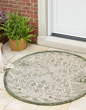 Green 5' 3 x 5' 3 Outdoor Aztec Round Area Rug Weather Resistant for Patio, Deck, Terrace, Balcony, Porch 100% Polypropylene Traditional Carpet Mat for Sale at Rug Engine