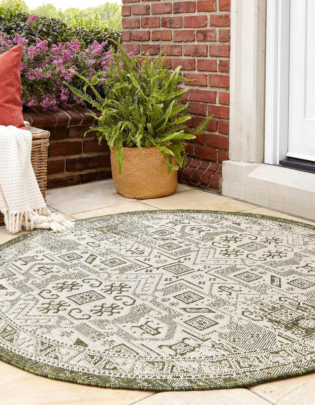 Green 10' x 10' Outdoor Aztec Round Area Rug Weather Resistant for Patio, Deck, Terrace, Balcony, Porch 100% Polypropylene Traditional Carpet Mat for Sale at Rug Engine