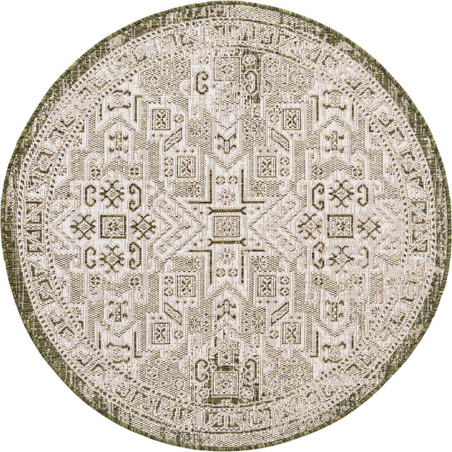 Green 4' 1 x 4' 1 Outdoor Aztec Round Area Rug Weather Resistant for Patio, Deck, Terrace, Balcony, Porch 100% Polypropylene Traditional Carpet Mat for Sale at Rug Engine