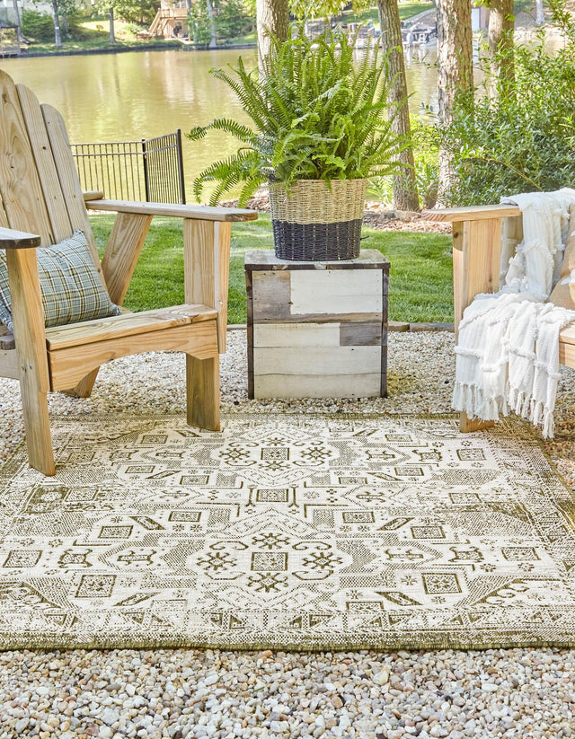 Green 10' x 10' Outdoor Aztec Square Area Rug Weather Resistant for Patio, Deck, Terrace, Balcony, Porch 100% Polypropylene Traditional Carpet Mat for Sale at Rug Engine