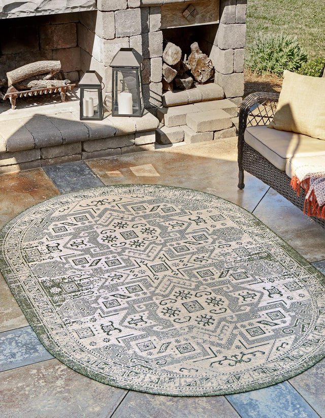 Green 7' 10 x 10' Outdoor Aztec Oval Area Rug Weather Resistant for Patio, Deck, Terrace, Balcony, Porch 100% Polypropylene Traditional Carpet Mat for Sale at Rug Engine