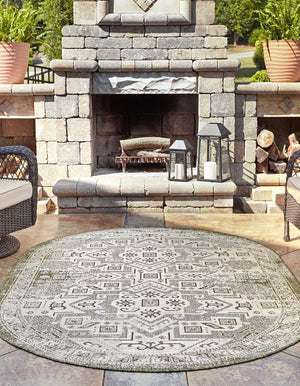 Green 5' 3 x 8' Outdoor Aztec Oval Area Rug Weather Resistant for Patio, Deck, Terrace, Balcony, Porch 100% Polypropylene Traditional Carpet Mat for Sale at Rug Engine