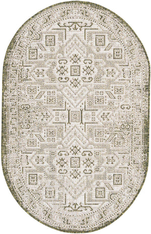 Green 3' 1 x 5' 3 Outdoor Aztec Oval Area Rug Weather Resistant for Patio, Deck, Terrace, Balcony, Porch 100% Polypropylene Traditional Carpet Mat for Sale at Rug Engine