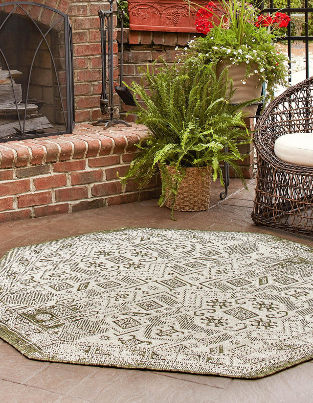 Green 5' 3 x 5' 3 Outdoor Aztec Octagon Area Rug Weather Resistant for Patio, Deck, Terrace, Balcony, Porch 100% Polypropylene Traditional Carpet Mat for Sale at Rug Engine