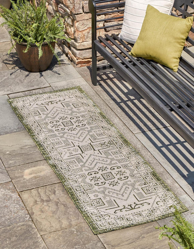 Green 2' x 6' 1 Outdoor Aztec Runner Area Rug Weather Resistant for Patio, Deck, Terrace, Balcony, Porch 100% Polypropylene Traditional Carpet Mat for Sale at Rug Engine