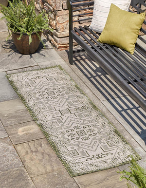 Green 2' 7 x 12' Outdoor Aztec Runner Area Rug Weather Resistant for Patio, Deck, Terrace, Balcony, Porch 100% Polypropylene Traditional Carpet Mat for Sale at Rug Engine