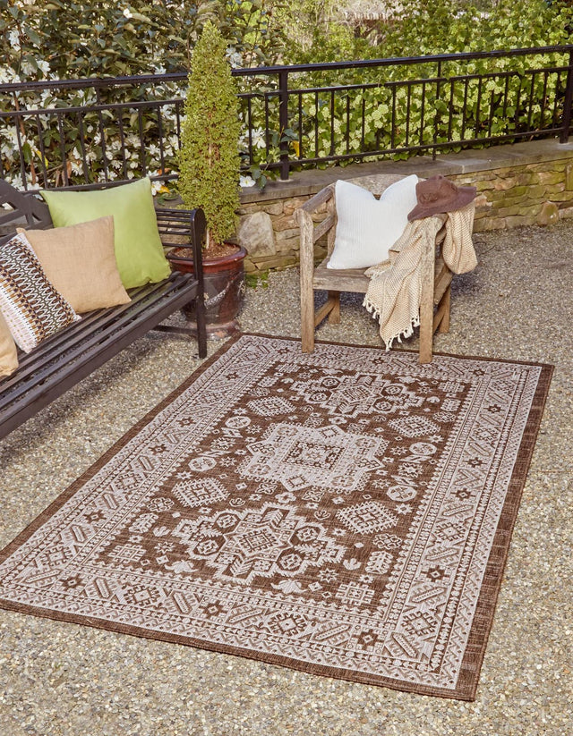 Brown 4' 1 x 6' 1 Outdoor Aztec Rectangle Area Rug Weather Resistant for Patio, Deck, Terrace, Balcony, Porch 100% Polypropylene Traditional Carpet Mat for Sale at Rug Engine
