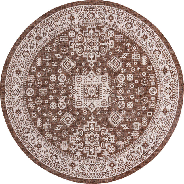 Brown 10' x 10' Outdoor Aztec Round Area Rug Weather Resistant for Patio, Deck, Terrace, Balcony, Porch 100% Polypropylene Traditional Carpet Mat for Sale at Rug Engine