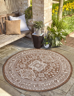 Brown 13' 1 x 13' 1 Outdoor Aztec Round Area Rug Weather Resistant for Patio, Deck, Terrace, Balcony, Porch 100% Polypropylene Traditional Carpet Mat for Sale at Rug Engine