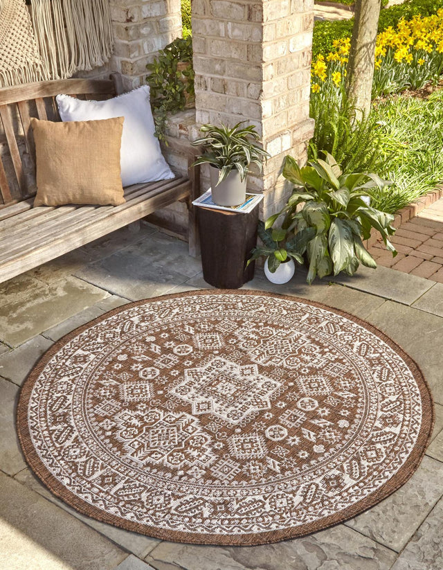 Brown 13' 1 x 13' 1 Outdoor Aztec Round Area Rug Weather Resistant for Patio, Deck, Terrace, Balcony, Porch 100% Polypropylene Traditional Carpet Mat for Sale at Rug Engine