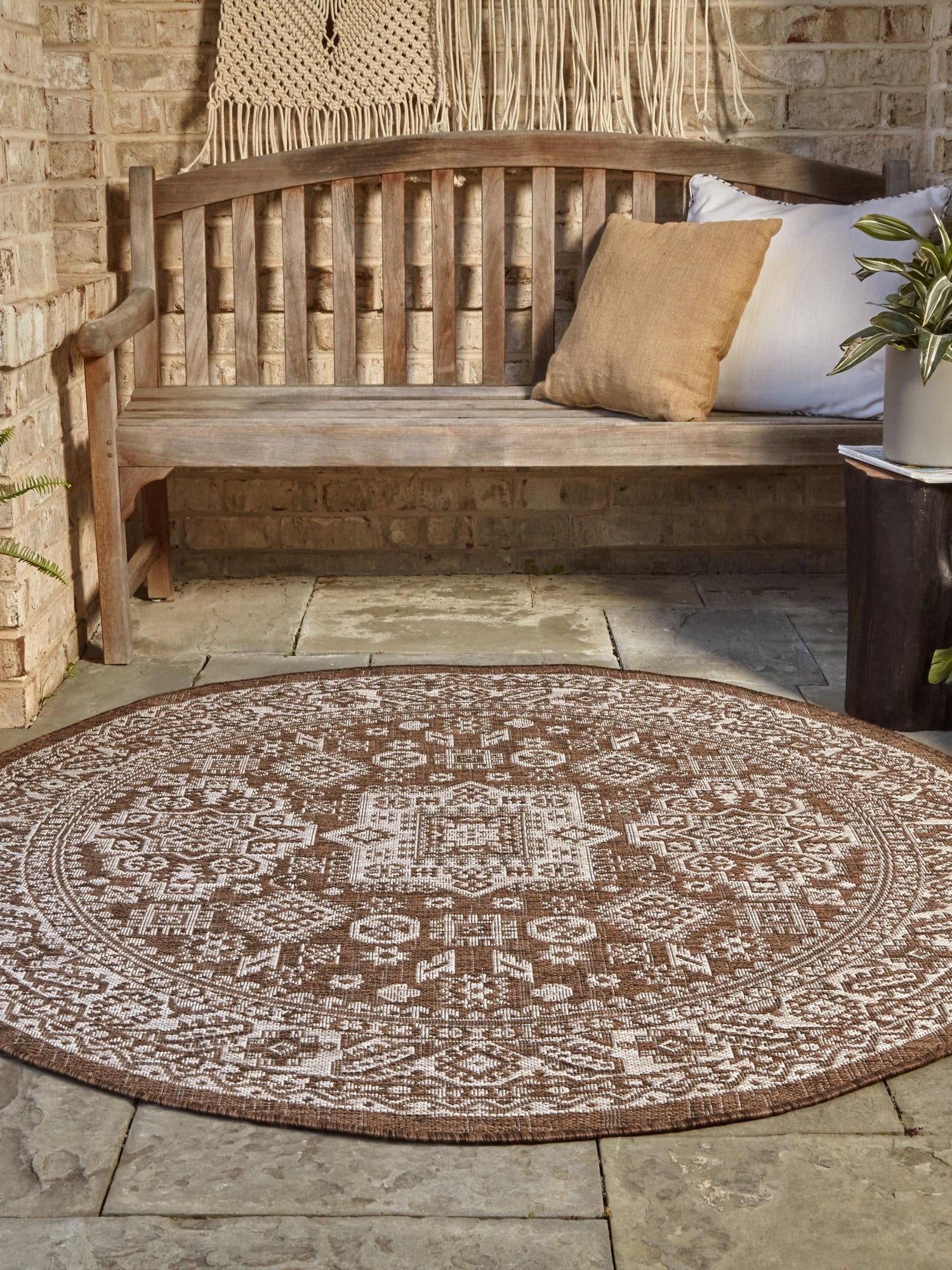 Brown 13' 1 x 13' 1 Outdoor Aztec Round Area Rug Weather Resistant for Patio, Deck, Terrace, Balcony, Porch 100% Polypropylene Traditional Carpet Mat for Sale at Rug Engine