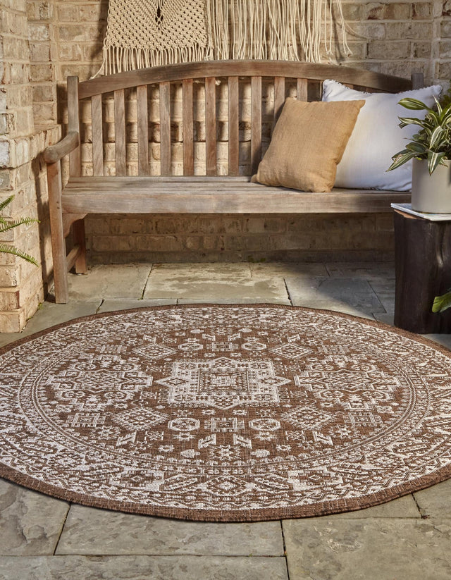 Brown 10' x 10' Outdoor Aztec Round Area Rug Weather Resistant for Patio, Deck, Terrace, Balcony, Porch 100% Polypropylene Traditional Carpet Mat for Sale at Rug Engine