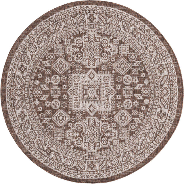 Brown 5' 3 x 5' 3 Outdoor Aztec Round Area Rug Weather Resistant for Patio, Deck, Terrace, Balcony, Porch 100% Polypropylene Traditional Carpet Mat for Sale at Rug Engine
