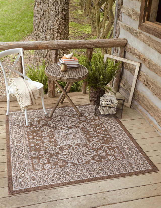 Brown 5' 3 x 5' 3 Outdoor Aztec Square Area Rug Weather Resistant for Patio, Deck, Terrace, Balcony, Porch 100% Polypropylene Traditional Carpet Mat for Sale at Rug Engine