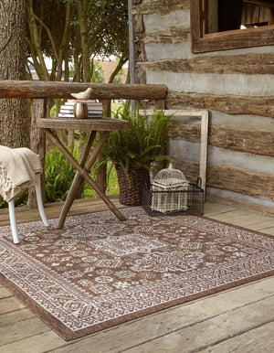 Brown 5' 3 x 5' 3 Outdoor Aztec Square Area Rug Weather Resistant for Patio, Deck, Terrace, Balcony, Porch 100% Polypropylene Traditional Carpet Mat for Sale at Rug Engine