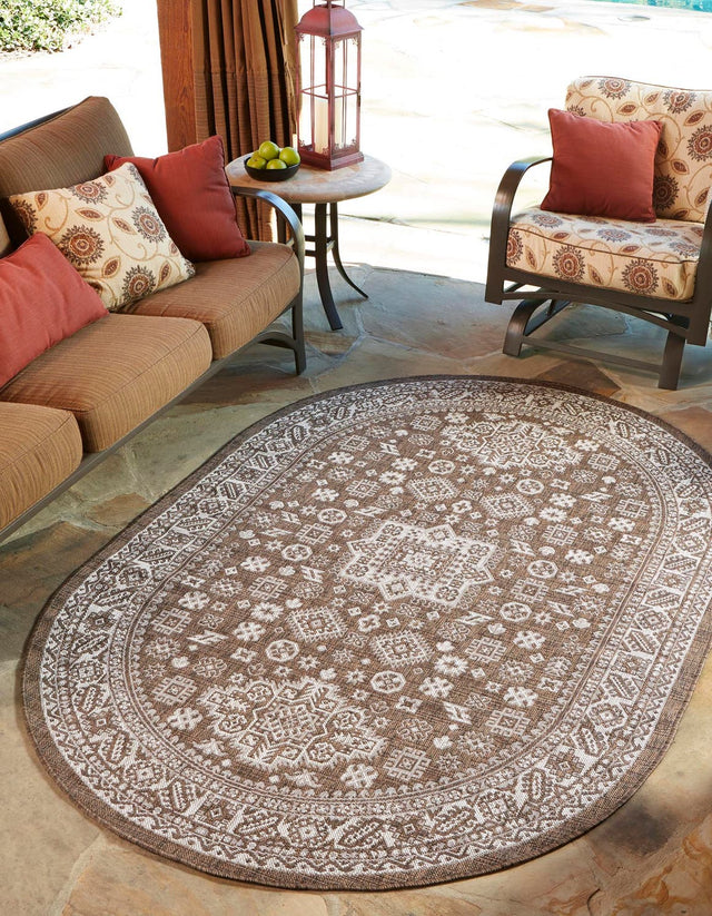 Brown 7' 10 x 10' Outdoor Aztec Oval Area Rug Weather Resistant for Patio, Deck, Terrace, Balcony, Porch 100% Polypropylene Traditional Carpet Mat for Sale at Rug Engine