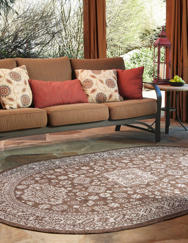 Brown 3' 1 x 5' 3 Outdoor Aztec Oval Area Rug Weather Resistant for Patio, Deck, Terrace, Balcony, Porch 100% Polypropylene Traditional Carpet Mat for Sale at Rug Engine