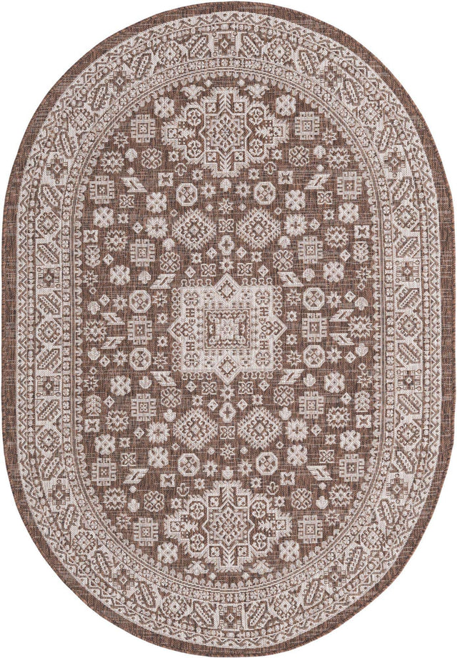 Brown 5' 3 x 8' Outdoor Aztec Oval Area Rug Weather Resistant for Patio, Deck, Terrace, Balcony, Porch 100% Polypropylene Traditional Carpet Mat for Sale at Rug Engine