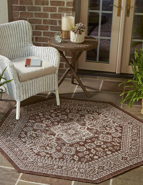 Brown 5' 3 x 5' 3 Outdoor Aztec Octagon Area Rug Weather Resistant for Patio, Deck, Terrace, Balcony, Porch 100% Polypropylene Traditional Carpet Mat for Sale at Rug Engine