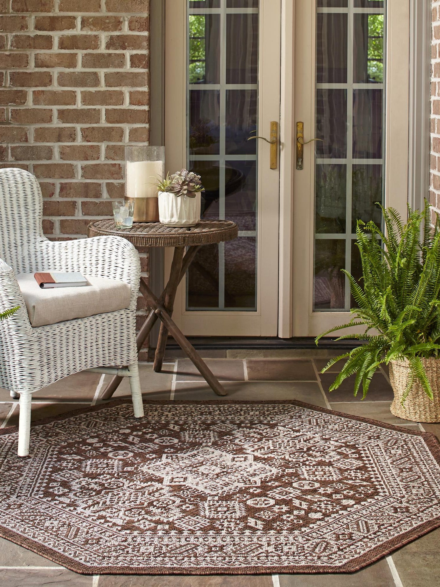 Brown 5' 3 x 5' 3 Outdoor Aztec Octagon Area Rug Weather Resistant for Patio, Deck, Terrace, Balcony, Porch 100% Polypropylene Traditional Carpet Mat for Sale at Rug Engine