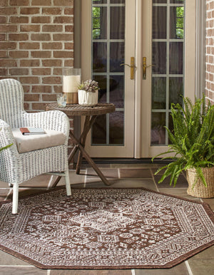 Brown 5' 3 x 5' 3 Outdoor Aztec Octagon Area Rug Weather Resistant for Patio, Deck, Terrace, Balcony, Porch 100% Polypropylene Traditional Carpet Mat for Sale at Rug Engine