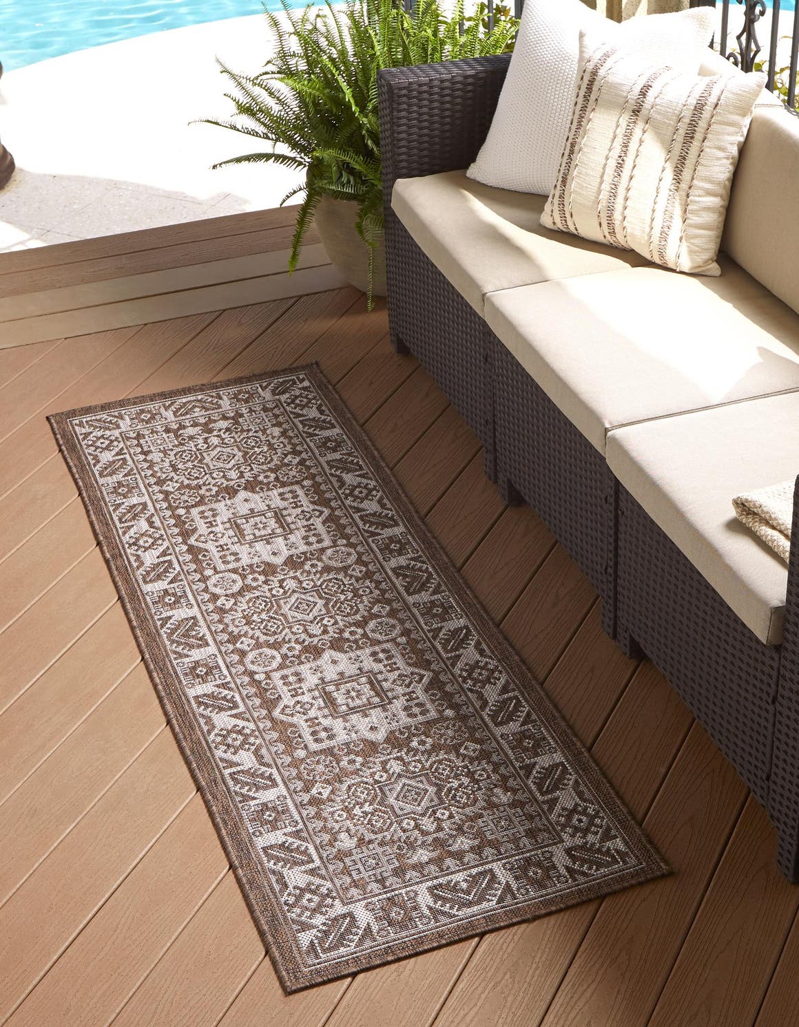 Brown 2' 7 x 12' Outdoor Aztec Runner Area Rug Weather Resistant for Patio, Deck, Terrace, Balcony, Porch 100% Polypropylene Traditional Carpet Mat for Sale at Rug Engine