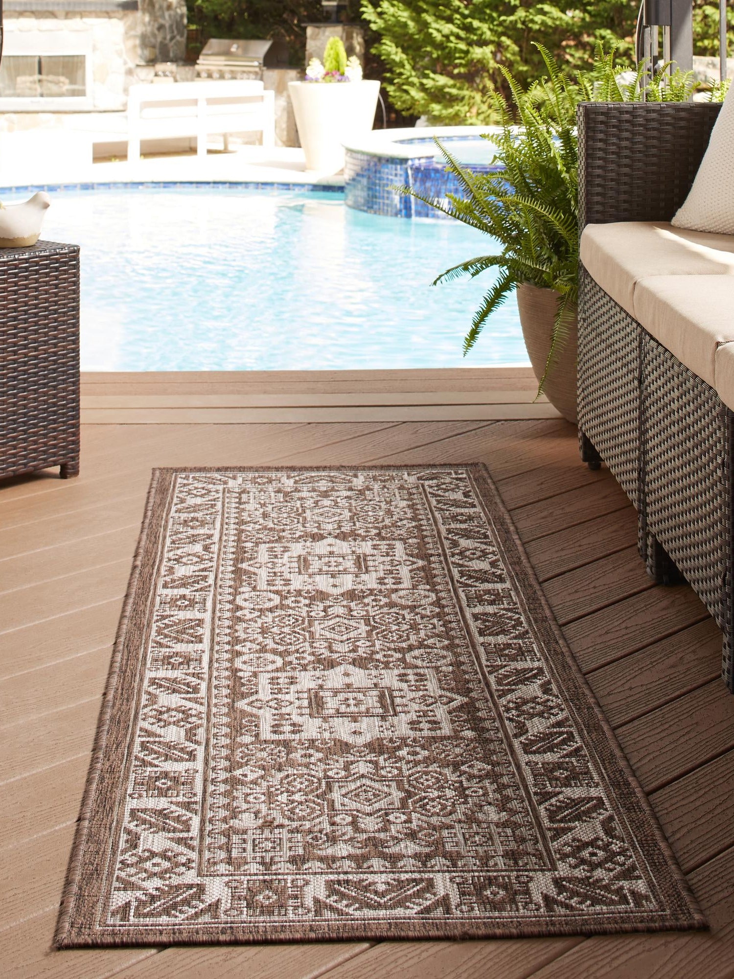Brown 2' x 8' Outdoor Aztec Runner Area Rug Weather Resistant for Patio, Deck, Terrace, Balcony, Porch 100% Polypropylene Traditional Carpet Mat for Sale at Rug Engine