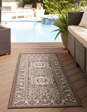Brown 2' x 8' Outdoor Aztec Runner Area Rug Weather Resistant for Patio, Deck, Terrace, Balcony, Porch 100% Polypropylene Traditional Carpet Mat for Sale at Rug Engine