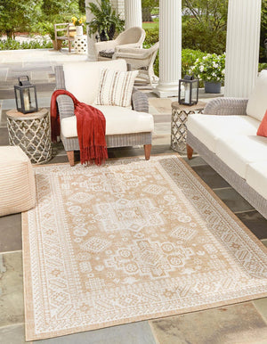 Natural 10' x 14' 1 Outdoor Aztec Rectangle Area Rug Weather Resistant for Patio, Deck, Terrace, Balcony, Porch 100% Polypropylene Traditional Carpet Mat for Sale at Rug Engine