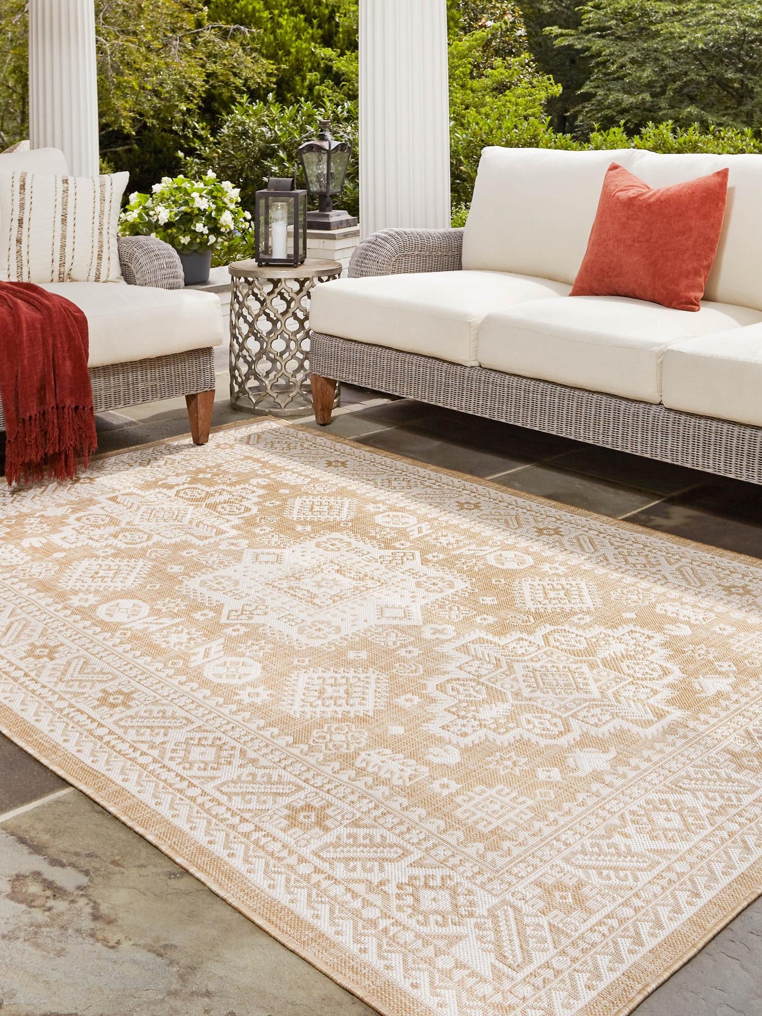 Natural 10' x 14' 1 Outdoor Aztec Rectangle Area Rug Weather Resistant for Patio, Deck, Terrace, Balcony, Porch 100% Polypropylene Traditional Carpet Mat for Sale at Rug Engine