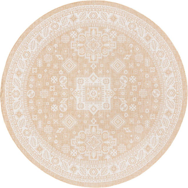 Natural 10' x 10' Outdoor Aztec Round Area Rug Weather Resistant for Patio, Deck, Terrace, Balcony, Porch 100% Polypropylene Traditional Carpet Mat for Sale at Rug Engine